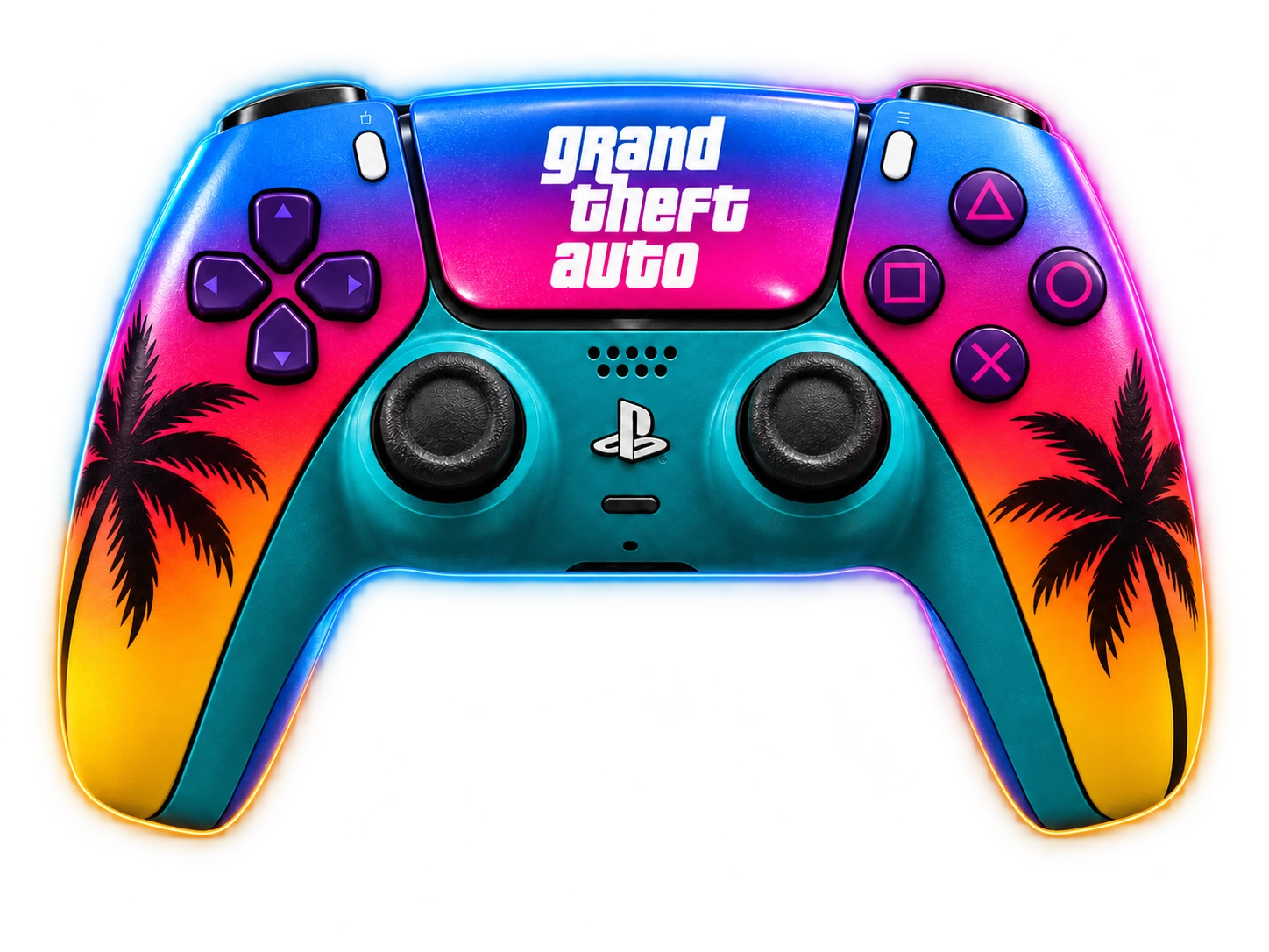 Sunset Edition GTA 6-inspired custom controller, front view, with blue, pink and gold artwork and neon edge lighting