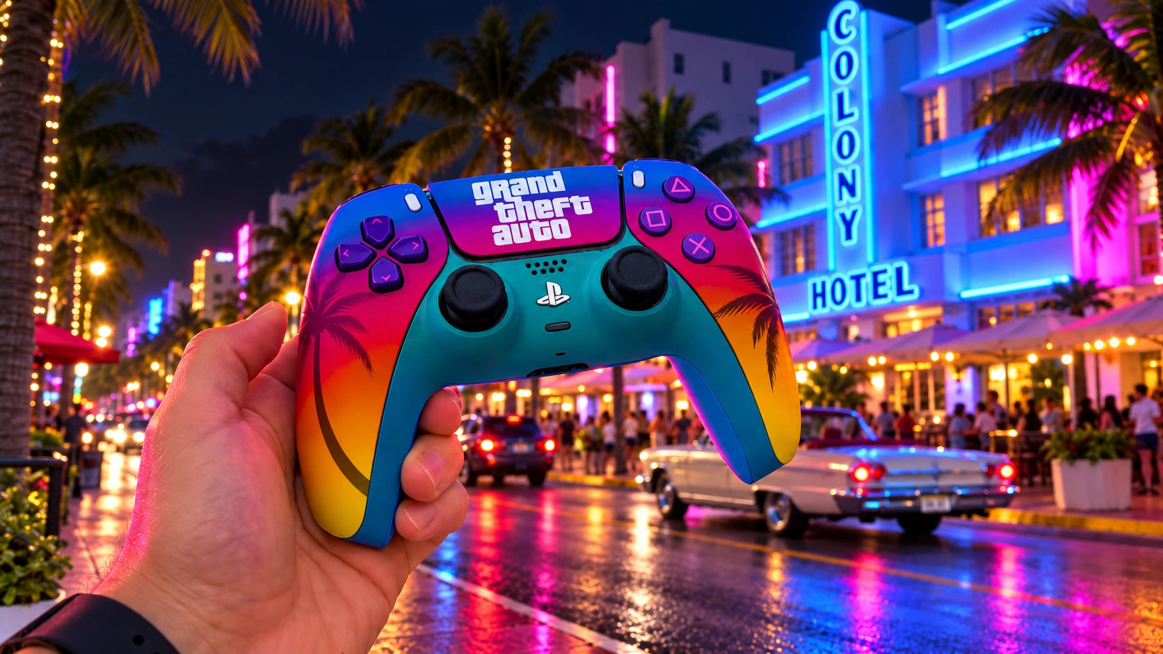 A hand holding the Sunset Edition GTA 6-inspired controller on a neon-lit Miami street at night